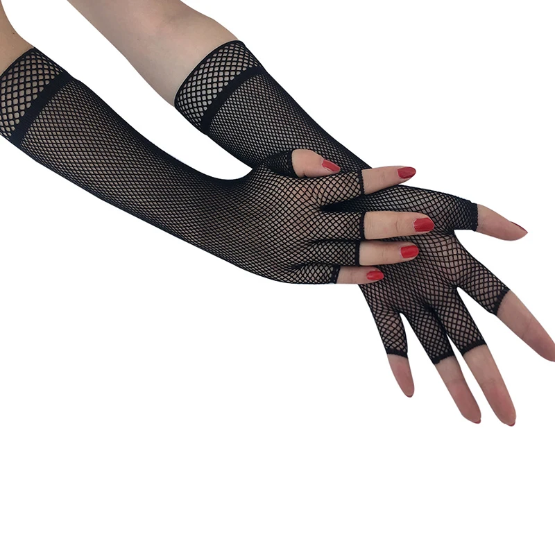 Women Sexy Mesh Gloves Fishnet Elbow Glove Lady Hollow Out Holes Half-Finger Gloves Disco Dance Costume Punk Goth Fishnet Glove