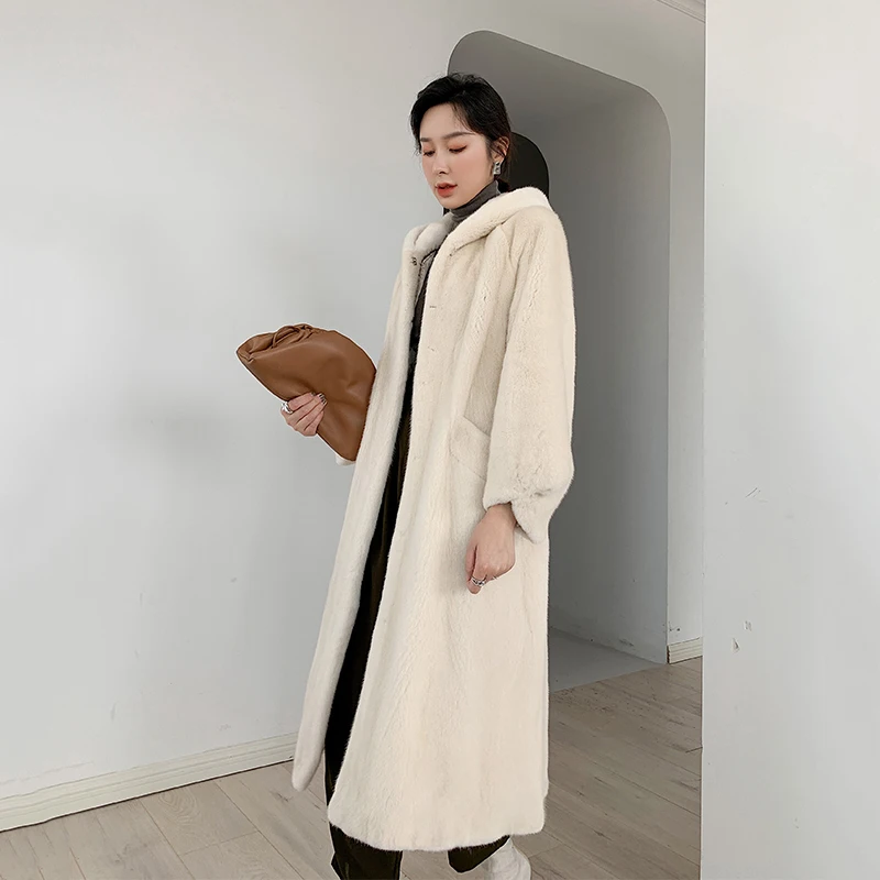 Fstmxur 2021 Winter Copenhagen Imports Velvt Mink Coat Womens Jacket Full Sleev With Fur Hood Warm Soft X-Long Mink Fur Coats