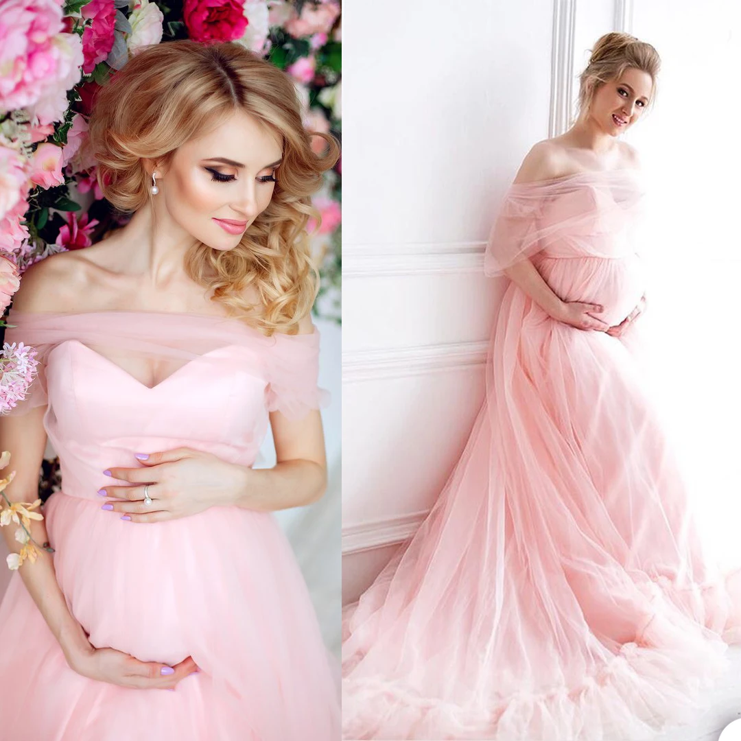 Elegant Tulle สีชมพูคลอดบุตรชุดสำหรับถ่ายภาพปิดไหล่ Ruffles ฉัตรการถ่ายภาพผู้หญิงชุดเด็กทารกชุด