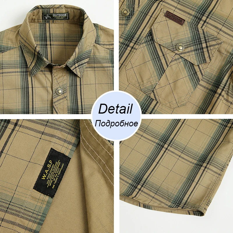 2021 Men Summer 100% Cotton Military Plaid Shirt Short Sleeve Cargo Shirts Men Spring Casual Single Breasted Business Shirt Men