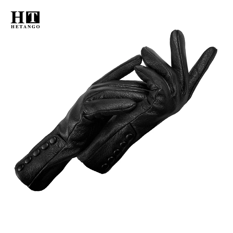Winter New Leather Women Gloves Fashion Button Decoration Warm Soft High-quality Buckskin Ladies Gloves 70% Wool Lining