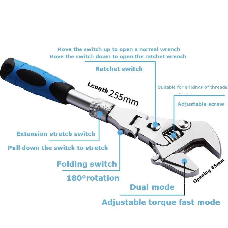 Nueva Llave de trinquete ajustable 5 en 1 de 10 pulgadas, herramienta de reparación de llave de tubo, puede girar y plegar 180 grados