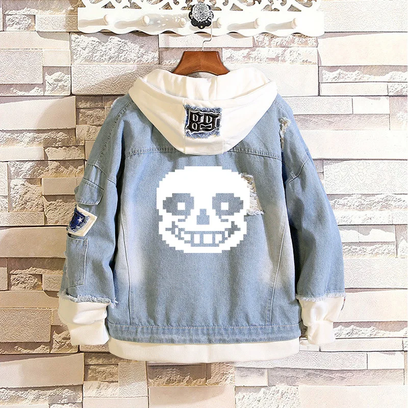 Anime Undertale Sans Skull Fake 2 Pieces Jacket Cosplay Casual Denim Jacket Autumn Hooded Sweatshirt Unisex Outwear Coat