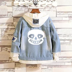 Anime Undertale Sans Skull Fake 2 Pieces Jacket Cosplay Casual Denim Jacket Autumn Hooded Sweatshirt Unisex Outwear Coat