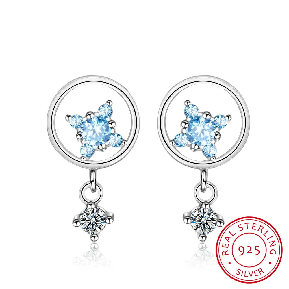 Sweet Fresh Circle Silver 925 Jewelry Gemstones Earrings for Women Little Star Aquamarine Ear drops Students Dating