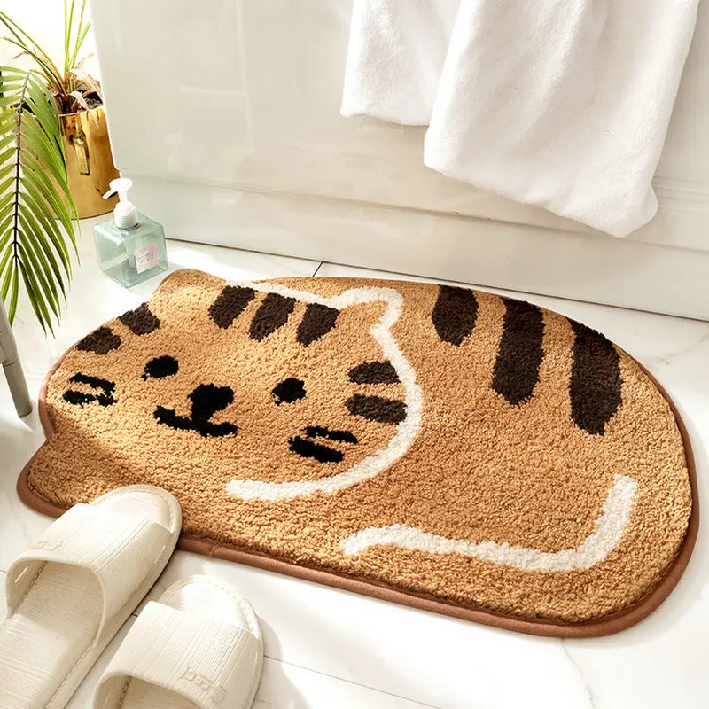 

Cute Cat Bathroom Mat Soft Fluffy Flocking Bath Carpet Doormat Non-slip Absorbent Rug Irregular Animal Toilet Floor Mat 45x65cm