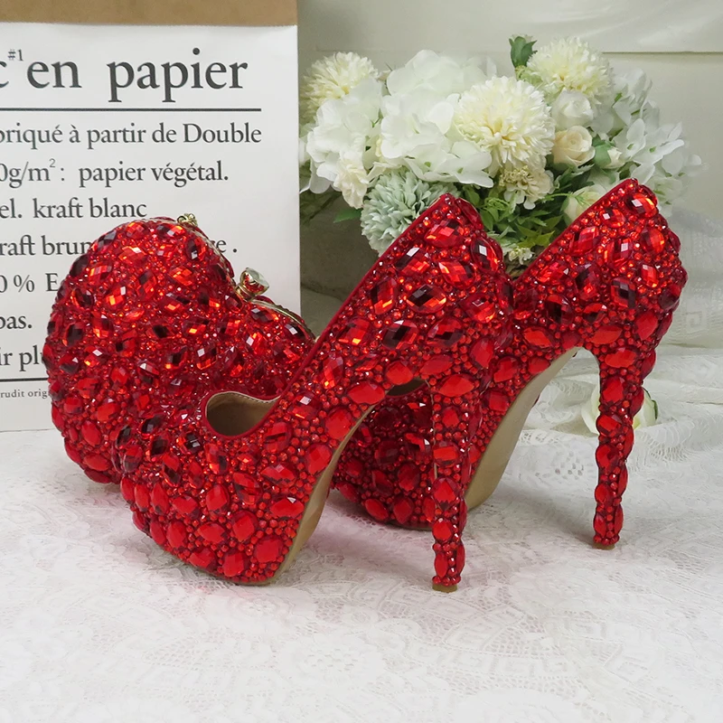 BaoYaFang Red rhinestone Women wedding shoes with matching bags Bride woman shoes and purse Platform shoes female Pumps