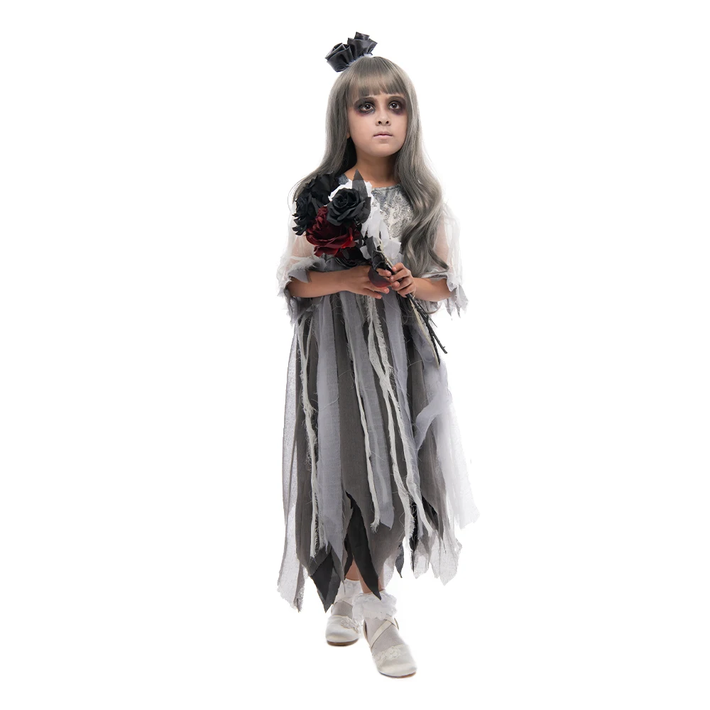 Eraspooky Gothic Girls Ghost Bride Dress Cosplay Halloween Costume For Girl Scary Demon Day of the Dead Festival Fancy Dress