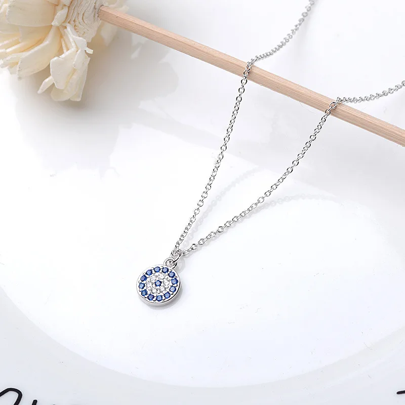 Simple Forest Jewelry Gift  Silver ColorTurkish Devil's Blue Eye Round Pendant Necklace for Women Clavicle Chain Jewelry