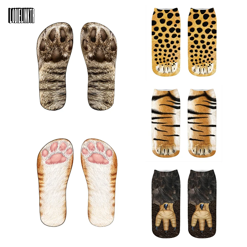 Fashion 3D Printing Animal Paw Socks Tiger Leopard Cat Cute Fun Harajuku Happy Socks For Boy Summer Women Cotton Low Ankle Socks