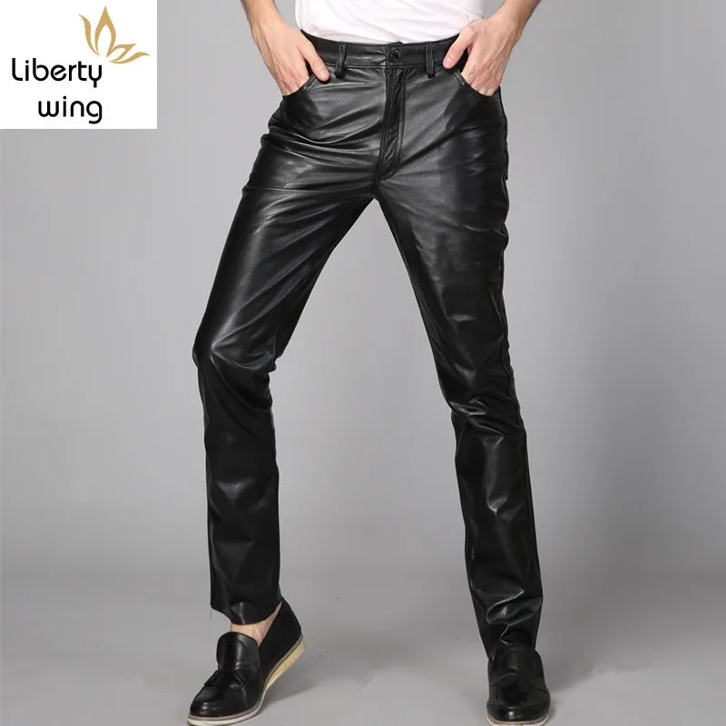 

High Quality Mens Night Club Punk Trousers Casual Full Length Genuine Leather Skinny Pants Windproof Motor Biker Pantalon Homme