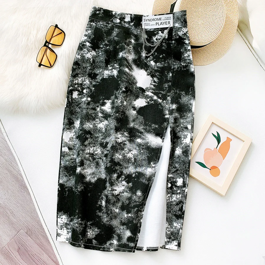 Summer Street Style High Waist Split Tie-dyed Slim Midi Long Bodycon Skirt Women Elegant Zipper Sexy Office Hip Pencil Skirt