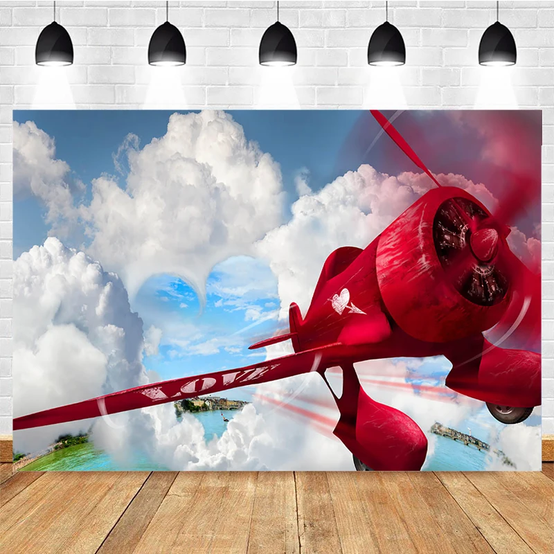 Mocsicka Valentine's Day Theme Photography Background Love Red Airplane Decoration Props Baby Shower Photo Backdrops Banner