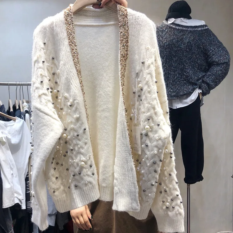 YUZACDWX High Quality Vintage Beading Knitted Cardigan Women 2021 Autumn Sweater Coat Casual Long Sleeve Cardigan