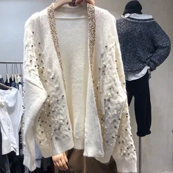 Cardigan a maniche lunghe Casual da donna 2021 autunno maglione cappotto Cardigan lavorato a maglia perline Vintage di alta qualità