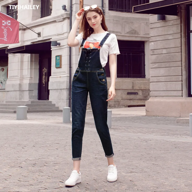 Tiyihailey frete grátis moda tornozelo comprimento calças magras calças de babador calças jeans macacão e macacão 25-30 rendas até