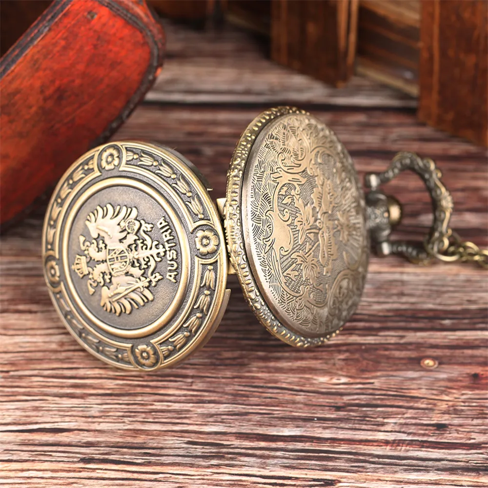 Austria emblema nacional bronce collar reloj de bolsillo de cuarzo árabe Numeral Dial blanco colgante cadena bolsillo Vintage reloj