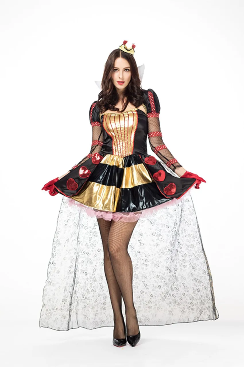 High Quality New  Red Heart Queen Costume Halloween Cosplay Fancy Dress Adult Women Elegant Dress