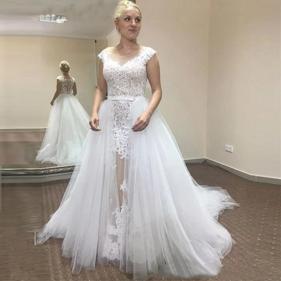 

Illusion Design Scoop A-line Applique Lace Wedding Dresses Cap Sleeve With Detachable Train Wedding Gowns vestido de novia
