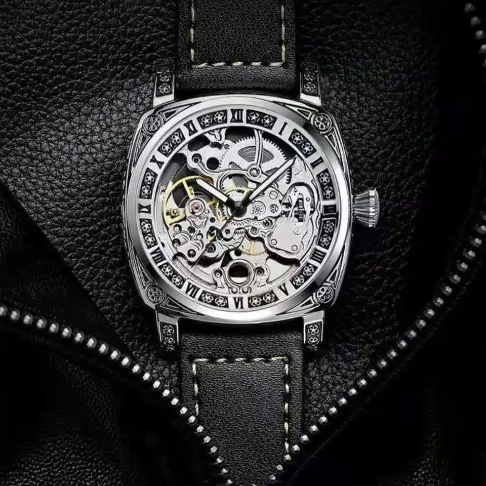 Fully Automatic men watches skeleton fashion Mechanical Wristwatch Luminous luxury MAN WATCH business leather band reloj hombre