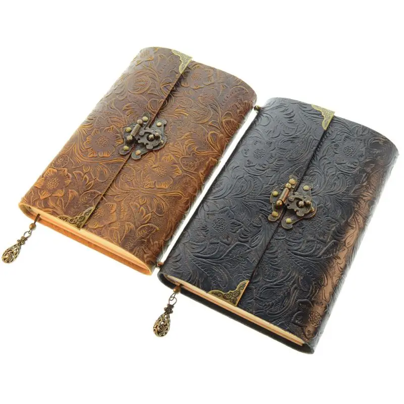 Embossed Pattern Soft Leather Travel Notebook with lock Key Diary Notepad Kraft Q81F