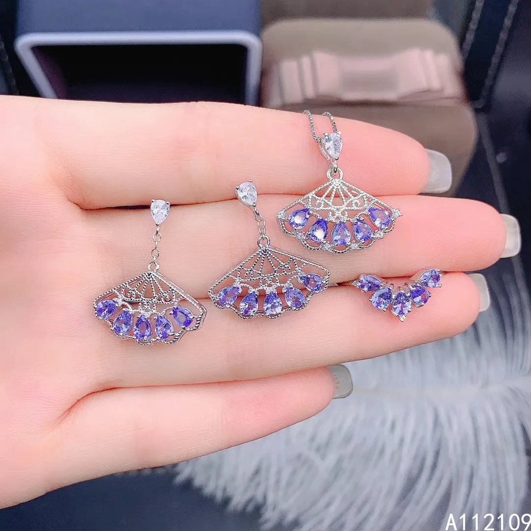 Fine Jewelry 925 Pure Silver Inset With Natural Gem Women's Luxury Classic Fan Tanzanite Pendant Ring Earring Set Support Detect