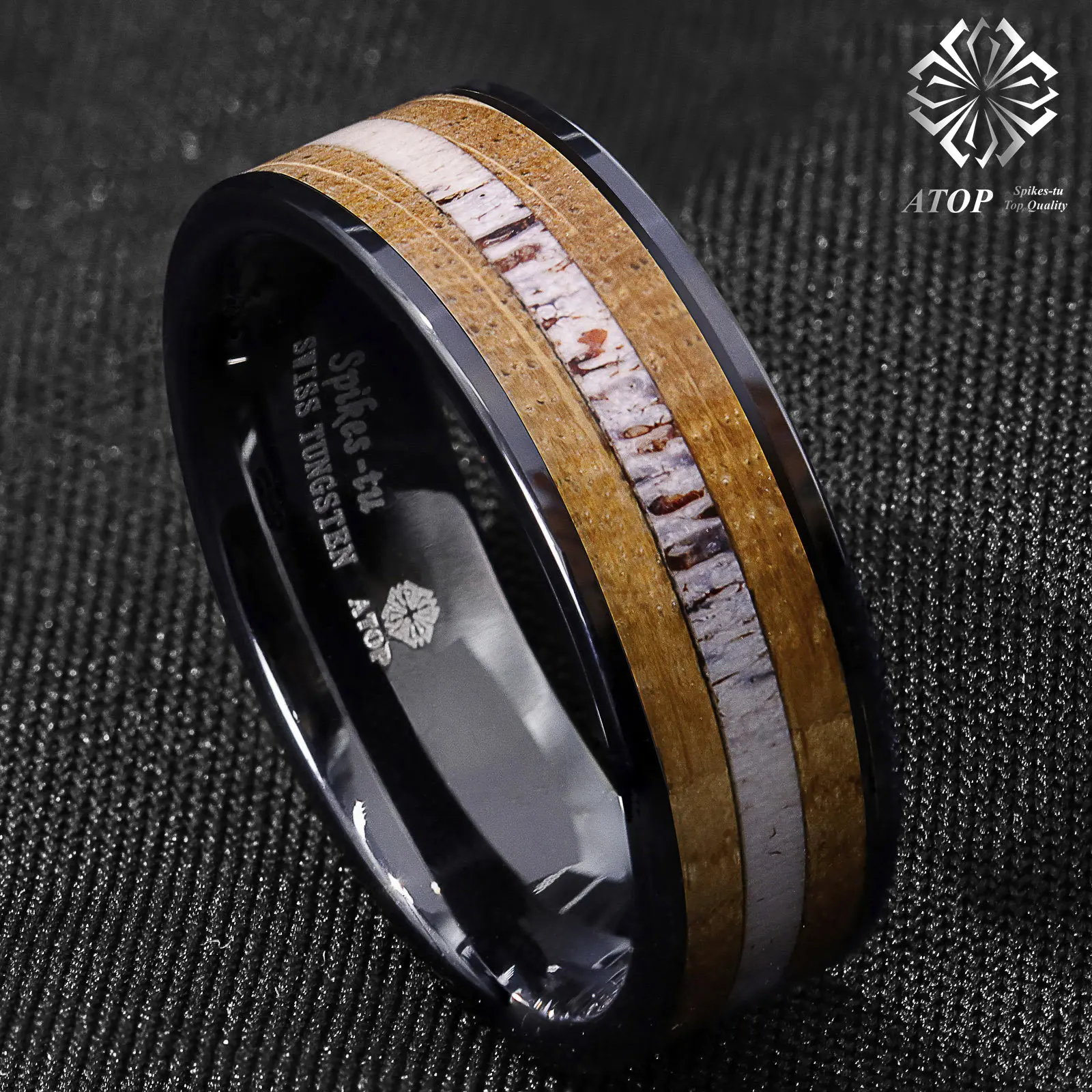 8mm Tungsten Ring Wedding Band Deer Antler and Whiskey Barrel Wood ATOP Jewelry