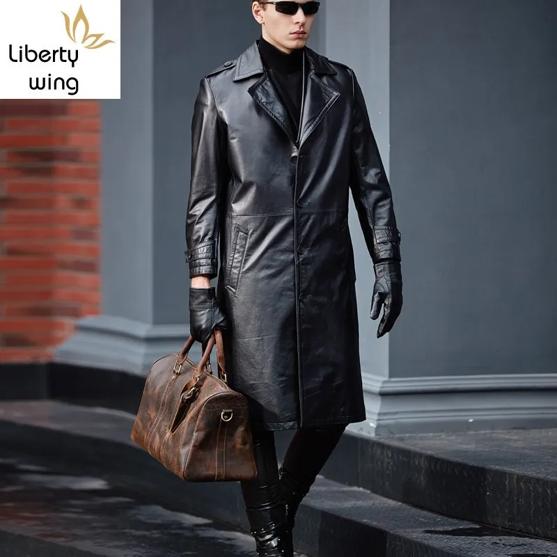 Men Genuine Trench High Quality Cowhide Black Long Jackets 2020 Fashion Business Casual Real Leather Coats Windbreaker