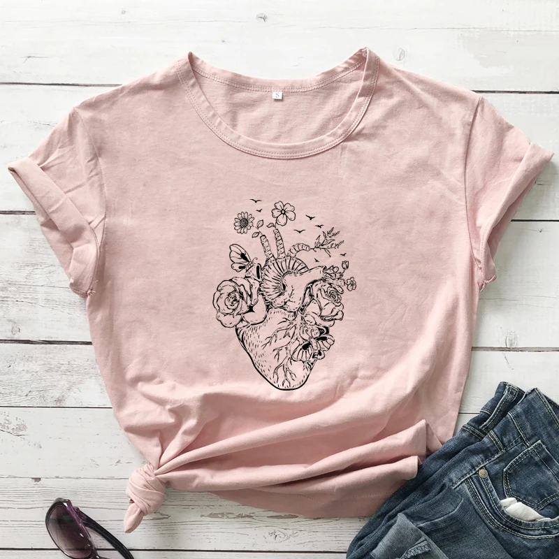 Flowers And Nature Heart T-shirt Aesthetic Boho Wildflowers Botanical Top Tee Vintage Women Anatomical Heart Tshirt