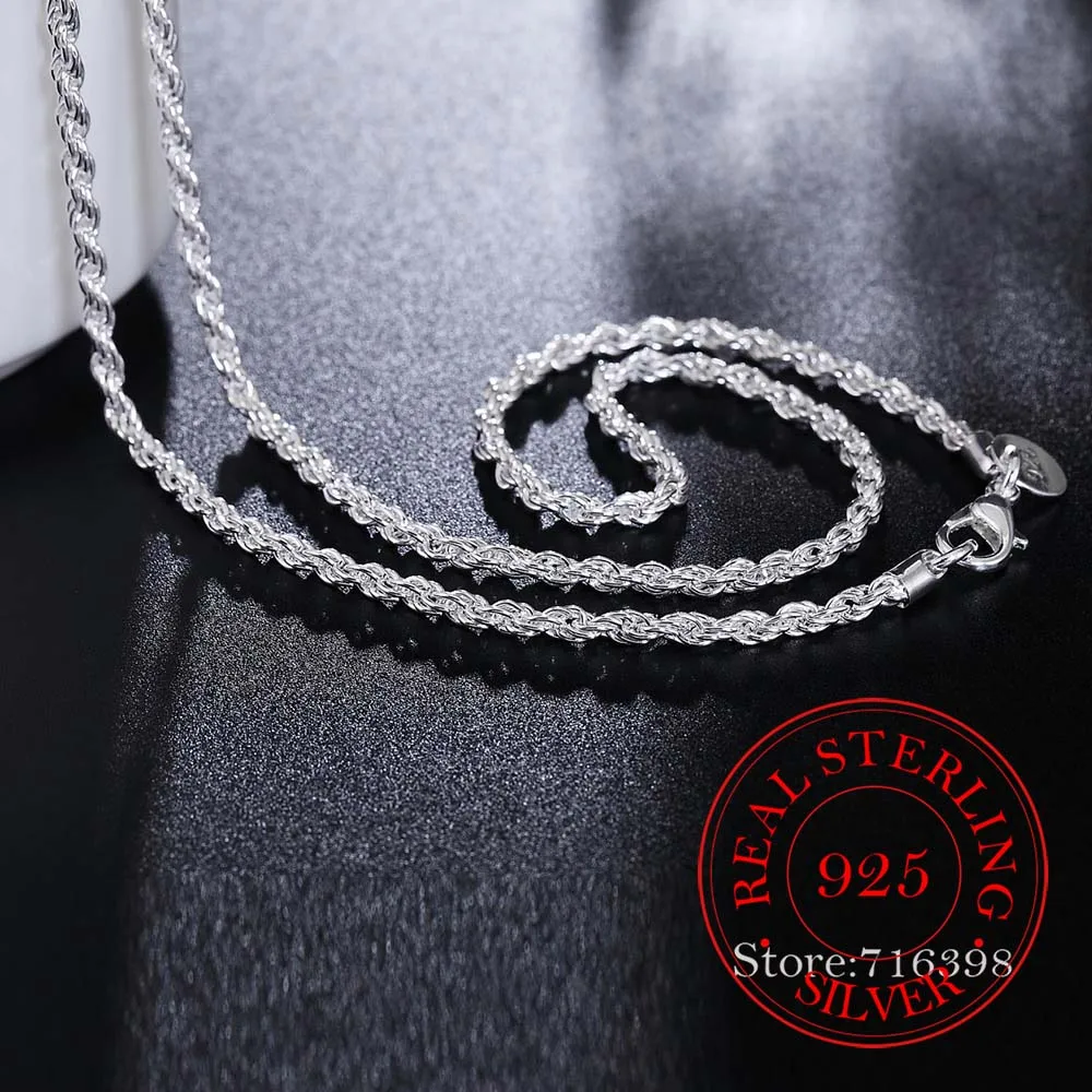 Real 100% 925 Sterling Silver Men's Fine Jewelry 3mm Twisted Rope Chain Necklace Size 16-30inch Charm Necklace Colar/fafda