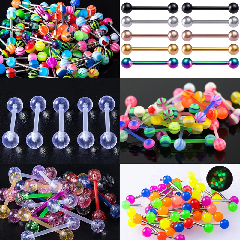 10pcs Colorful Acrylic Tongue Ring Luminous Nipple Barbell Tongue Piercing Stud Surgical Steel Bar for Women Body Jewelry 14G