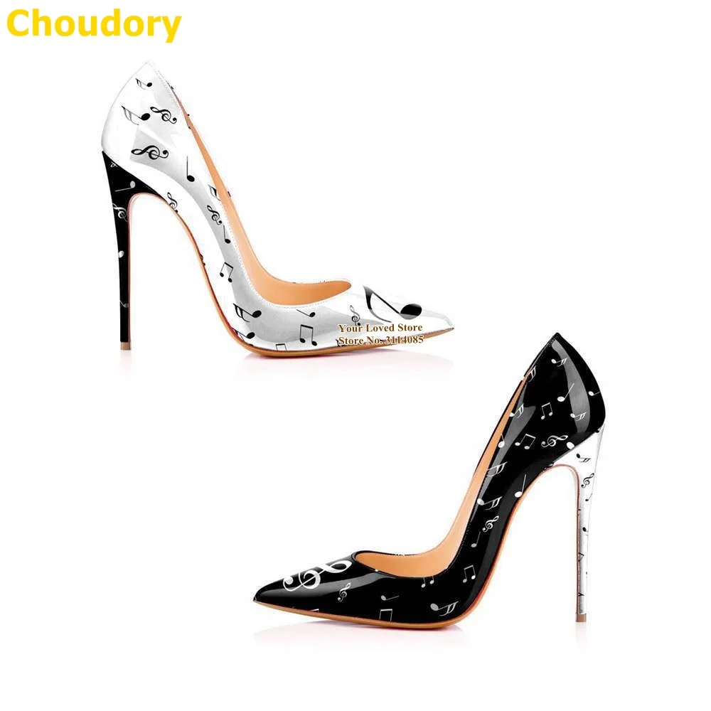 Choudory White Black Music Notes Printed High Heel Shoes 12cm Stiletto Heels Pointed Toe Patchwork Slip-on Wedding Pumps Size45