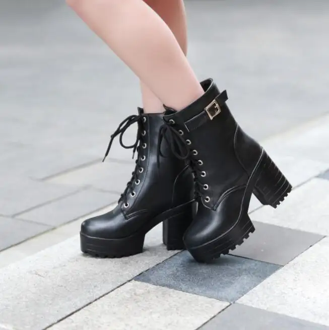 New Winter Lace-up leather women\'s boots Ankle Boots High Heels Ladies Shoes Femme Warm Short Boots White Black Shoes Plus Size