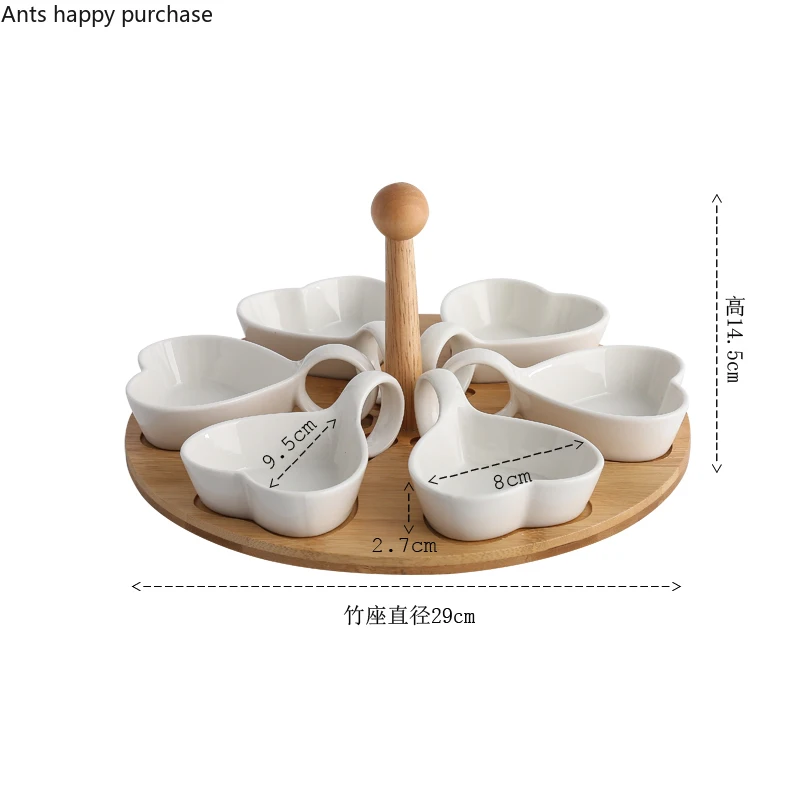 Home Ceramics Dried Fruit Plate White Apple/heart-shaped/small Fish Five Grid Snack Bowl Snack Platter Rotatable Wooden Base