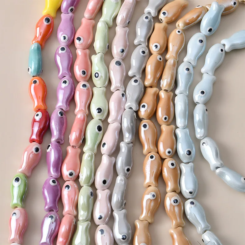 10pcs 19x10mm Evil Eye Small Fish Ceramic Beads Mix Color Loose Spacer Cute Animal Ceramics Bead For Jewelry Making DIY