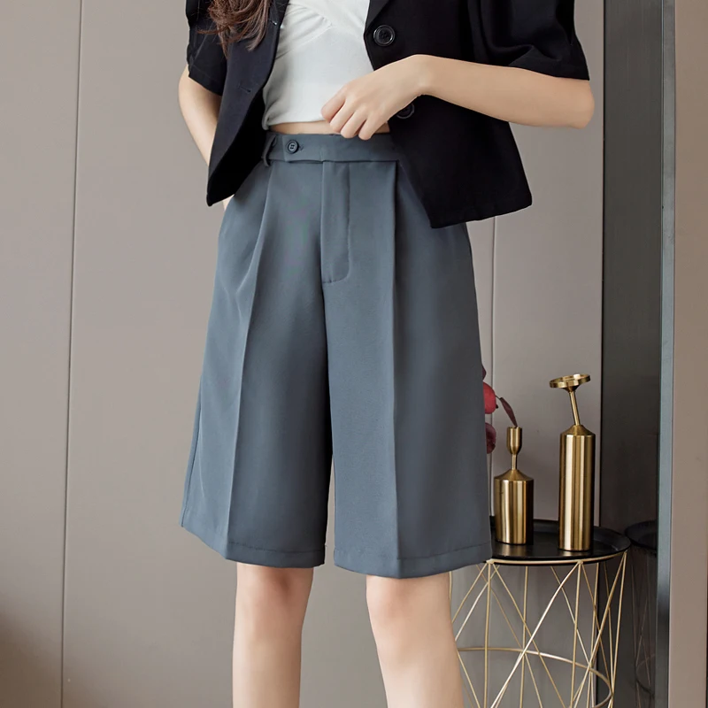 New Wide Leg Capri Bermuda Shorts Women High Waist White Black Draped Suit Shorts Free Office Lady Quality Bermuda Femme Elegant