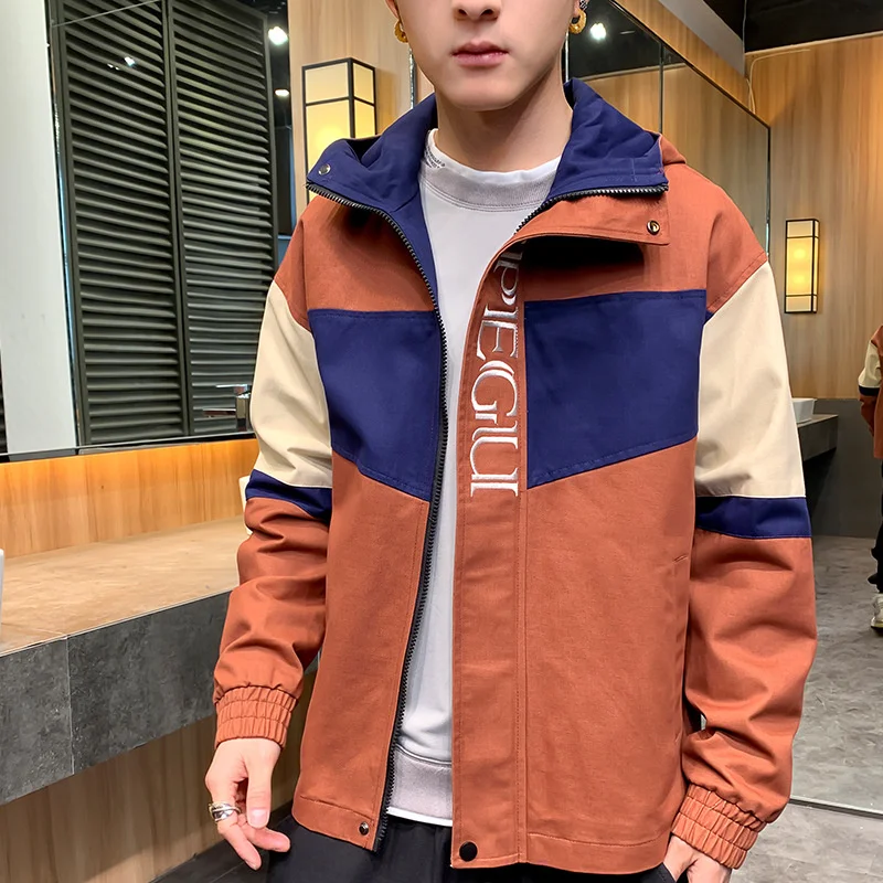 

Men's Tooling Jackets Coats Color Matching Spring Autumn Korean Version Trend Hooded All-match Daily Handsome Casual Brand Tops