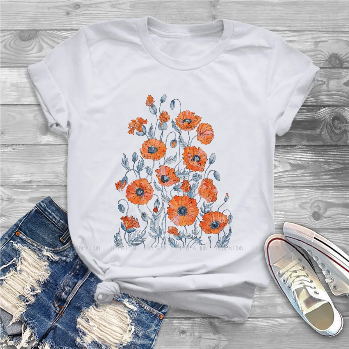 Poppies Floral Botanical art Women Clothing Flowers Lover Graphic Female Tshirts Vintage Loose Tops Tee Kawaii Girls Streetwear