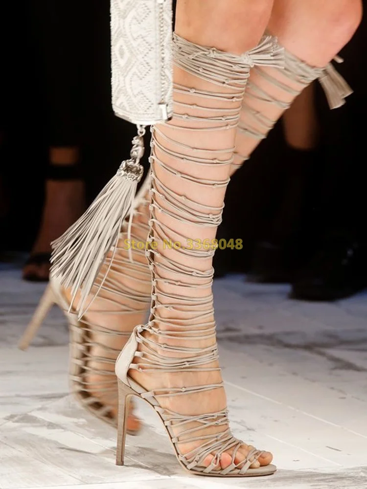 Tassel Hollow Open Toe Boots Stiletto High Heel Rome Runway Dress Women Summer Boots Round Toe Thin High Heel Back Zipper Shoes