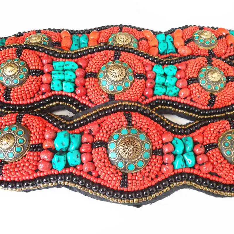 HDC0629 Tibetan Hand Sewed Tribal Belts Colorful Stone Coral Fashion Wide Beaded Waistband Cloth Decor Belt