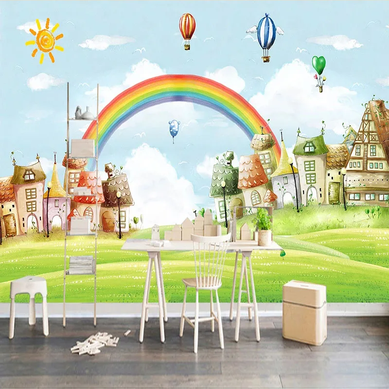 

Custom Mural Papel De Parede 3D Cartoon Rainbow Balloon House Kindergarten Background Decoration Children Room Bedroom Wallpaper