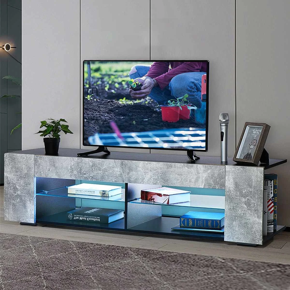 Modern RGB LED TV Stands Home Living Room Lighting Furniture TV Tables TV Unit Bracket With 2 Side Cabinet Storage Organizer