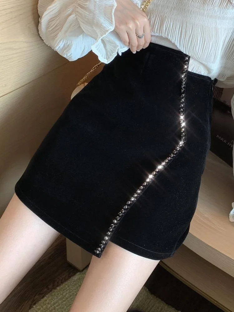 Ins chique europa francês irregular veludo mão grânulo strass mulher veludo mini saia de cintura alta bodycon senhora inferior preto inverno