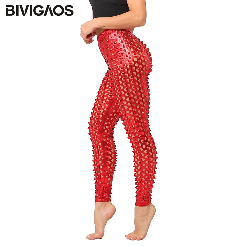 BIVIGAOS kobiety Sexy legginsy Rock Style metalowe otwory jasne Faux skórzane legginsy rybie łuski legginsy gotyckie legginsy damskie