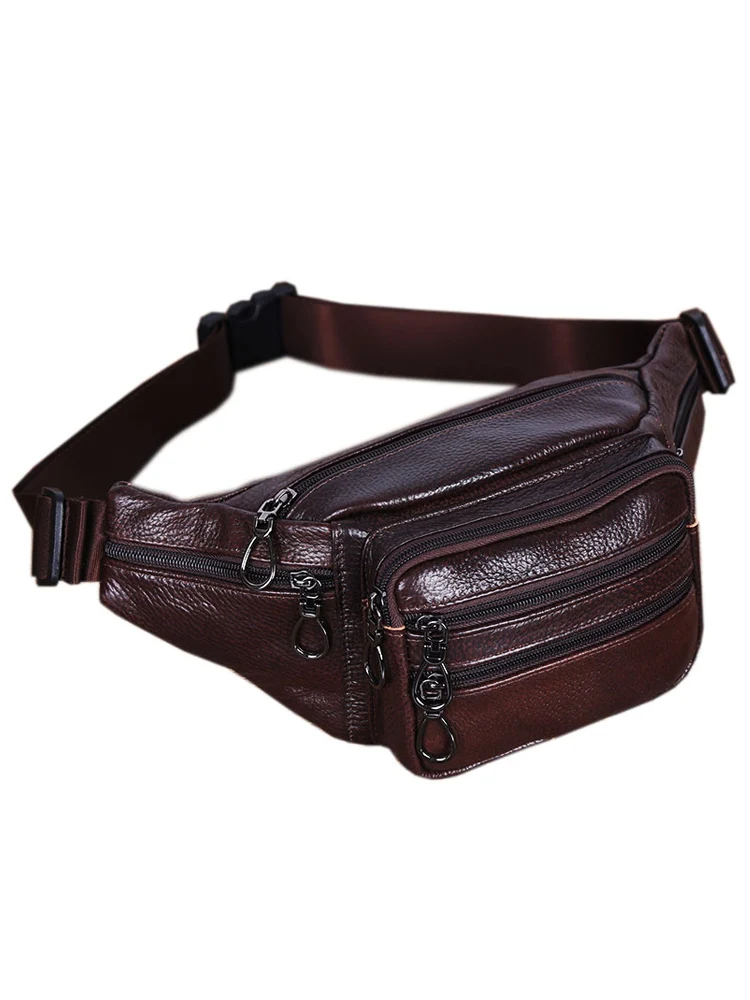 JCHENSJ Genuine Leather Waist Bag For Man 7 Zipper Pocket Panny Pack Casual Large Capacity Male\'s Waist Pack Solid Chast Bags