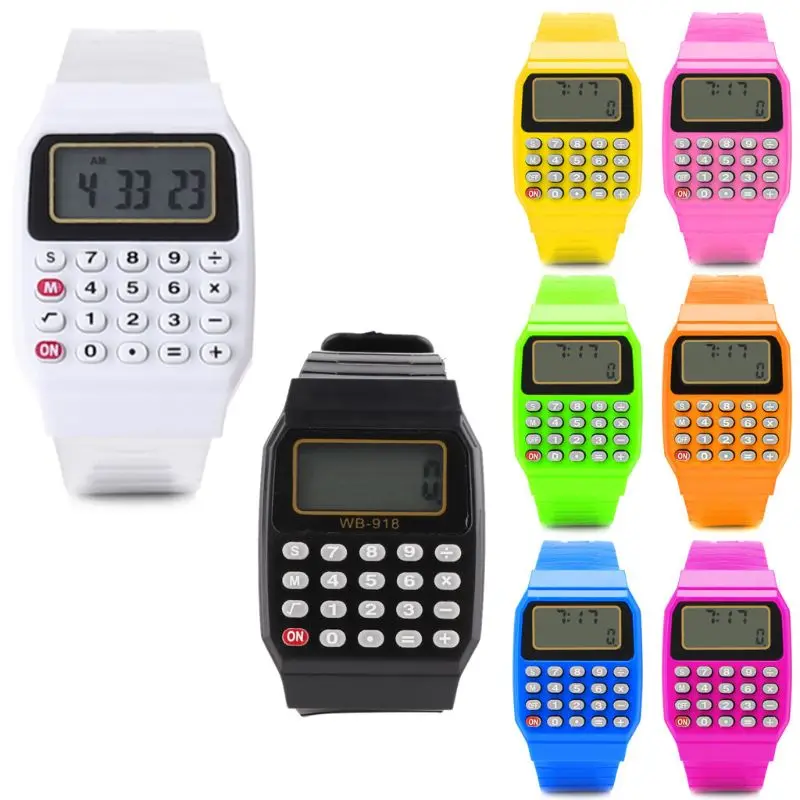 Reloj de pulsera de silicona para niños, calculadora electrónica multiusos, fecha, moda