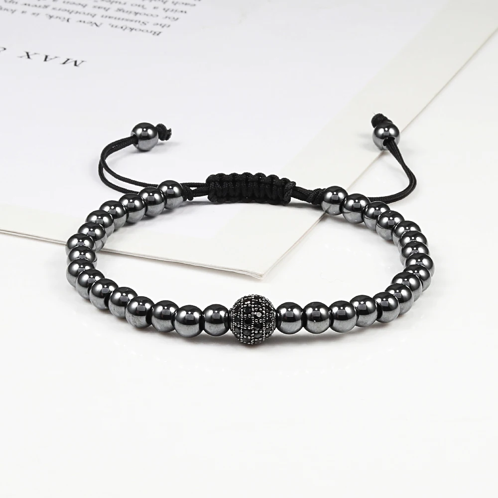 Charms Handmade 5mm Beaded CZ Ball Bracelets Hematite Gun Black Copper Beads Adjustable Men Weave Bracelet Bangles Women Jewelry