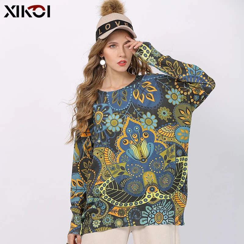 XIKOI Winter New Retro Print Sweater Women Pullovers Knitted O-Neck Jumper Women Oversized Warm Sweaters High Elastic Pull Femme