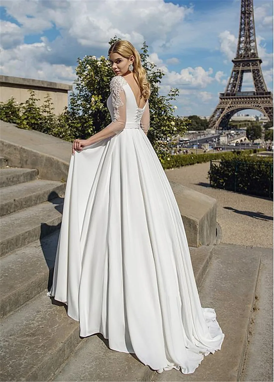 Vestido de novia con cuello redondo, manga 3/4, perlas, línea A, con cordones, cristales de alta calidad, para novia con encaje