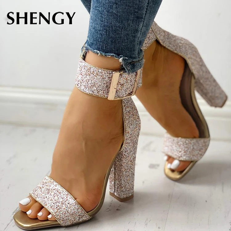 2020 Ladies Sexy Heeled Sandals Peep toe Shallow Mouth High Heels Nightclub Thin Heels Women\'s Shoes Banquet Wedding Bling Shoes